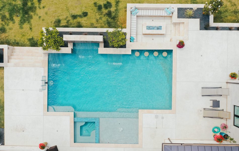 Overhead View of Custom Swimming Pool, Spa & Outdoor Living Area - Claffey Pools