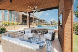 seating area by swimming pool